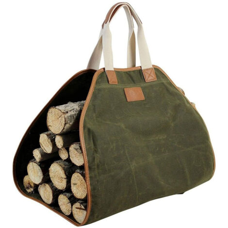 Sollbry Bolsa de lona para transportar leña, accesorio para estufa de chimenea, soporte para leña con asas para acampar, color verde militar