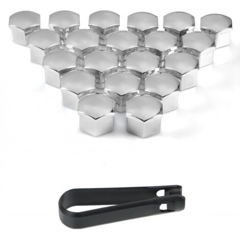 Sollbry Cache-écrous de Roue, Ensemble de 20 Couvre-écrous de Roues universels en Plastique chromé avec Outil de démontage pour Voitures (Argent, 17mm)