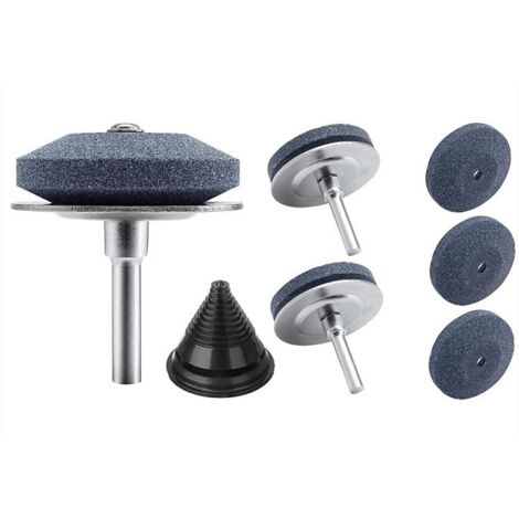 Sollbry caja de 3 afiladores de cuchillas de corindón para cortacésped, piedra de afilar giratoria para cuchillas de cortacésped con soporte de metal y equilibrador de cuchillas negro para taladros el