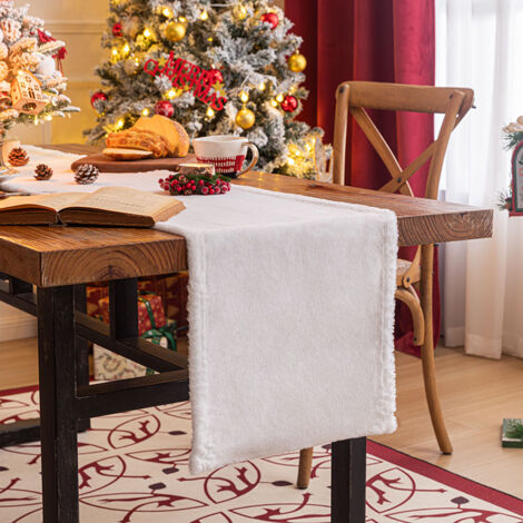 Sollbry Camino de mesa navideño de piel sintética blanca de 35 x 180 cm, ideal para Halloween, bodas, Navidad, decoración de mesas de comedor y ventanas.