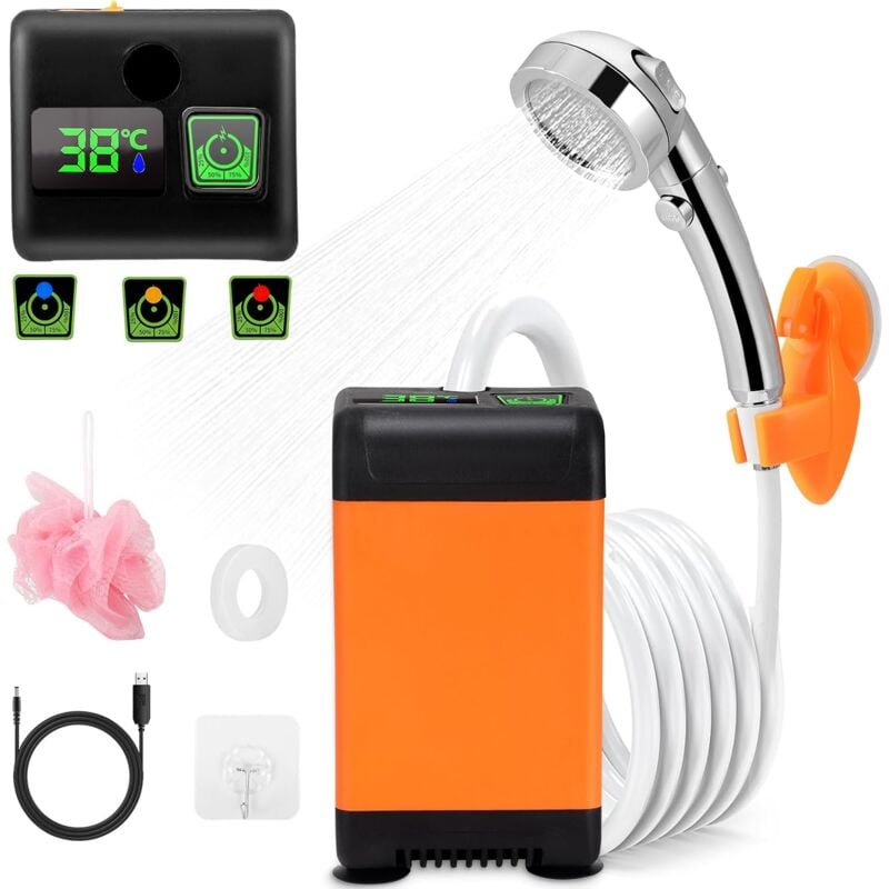 Sollbry - Camping Douche Portable, 6000mAh Pompe de Douche Électrique Rechargeable avec Intelligent de Température et Pression d'eau Réglable pour