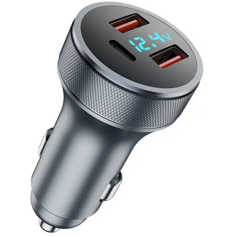 Sollbry Cargador USB para coche de 72 W, adaptador metálico de carga rápida, doble USB, con voltímetro LED (gris, 3,5 x 6,6 cm)