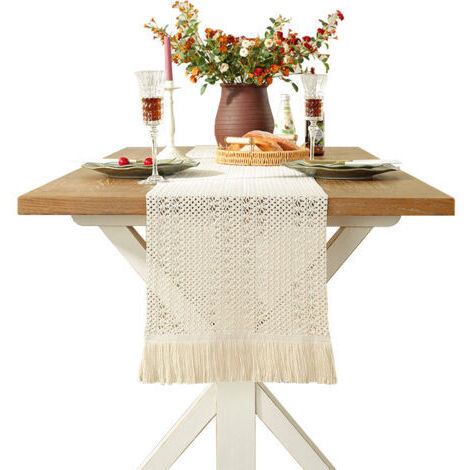 Sollbry Chemin de table bohème, beige, macramé, rectangulaire, dentelle crochetée, en maille, style maison de campagne, 35 x 160 cm