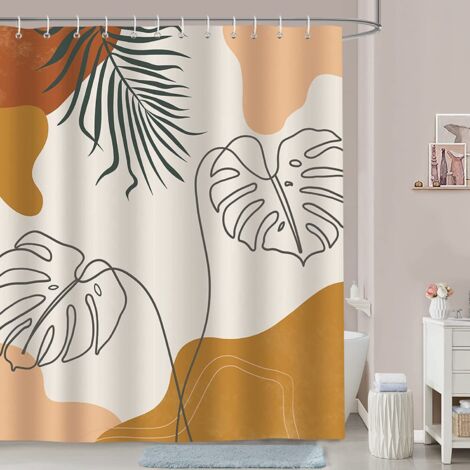 Sollbry Cortina de ducha con diseño de hojas bohemias abstractas de mediados de siglo, tela de poliéster, antimoho, impermeable, lavable, 180 x 180 cm