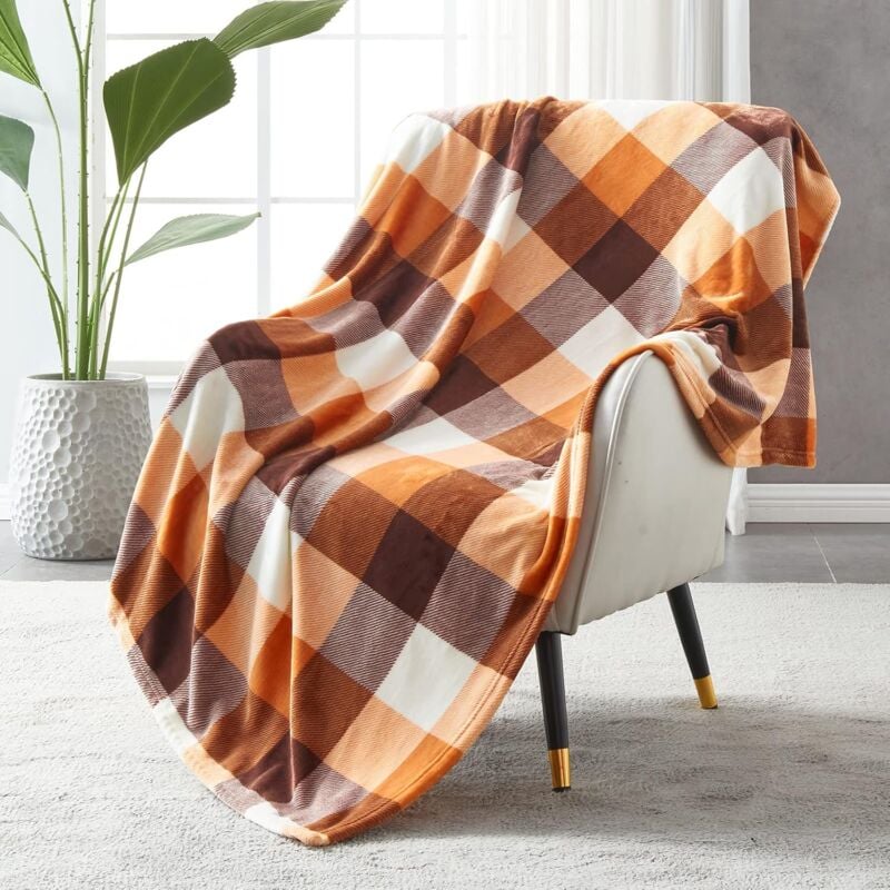 Couverture Plaid Polaire Lit pour Canapé en Molleton, Couverture Jeté en Flanelle à Carreaux Toute Saison 150 x 200 cm, Orange - Sollbry