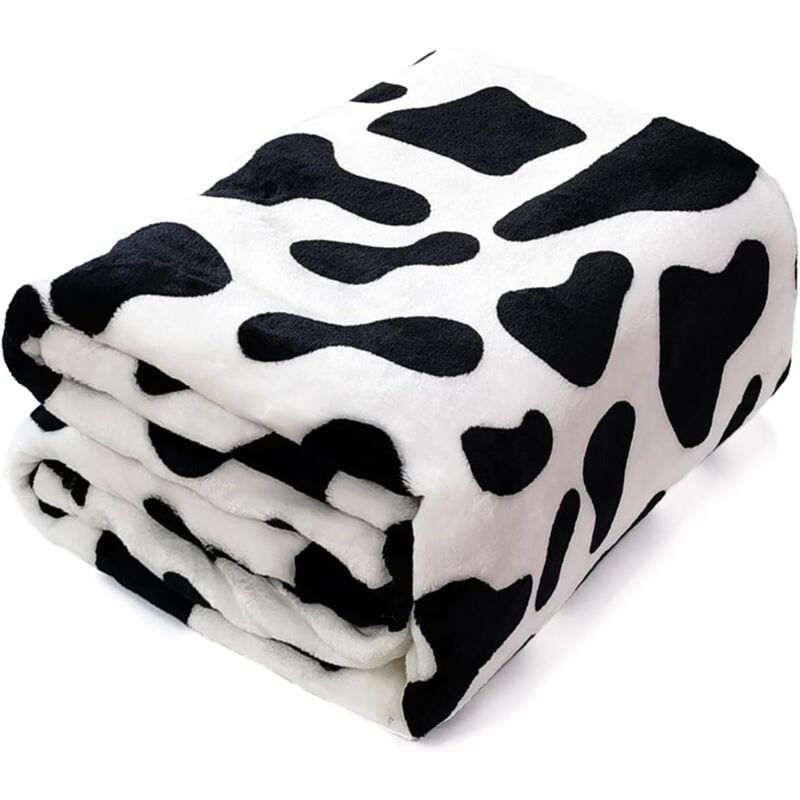 Couverture polaire en flanelle à motif de vache (140 x 160 cm) - Couverture douce noire et blanche pour canapé, canapé - Couverture légère et