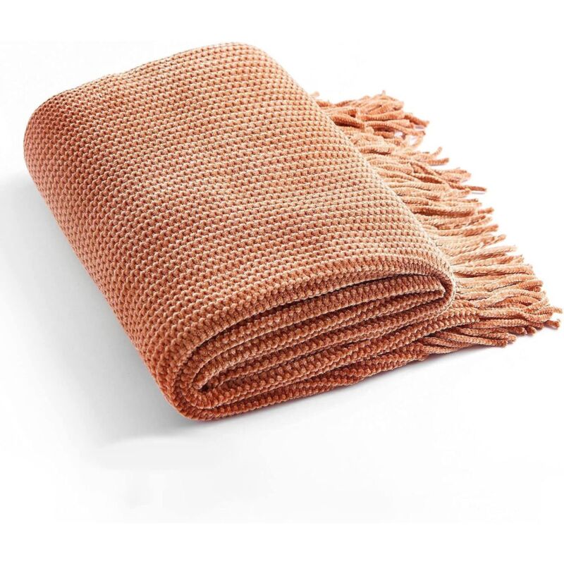 Couverture tricotée pour canapé, douce, style campagnard, bohème, avec pompons, légère, décorative, marron érable, pour lit/chaise/canapé, texture