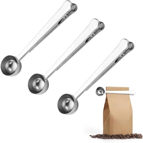 Sollbry Cuchara medidora de café con clip para bolsa, 3 piezas, mango largo, plateada, 2 en 1, de acero inoxidable, para leche en polvo, especias, café y granos.