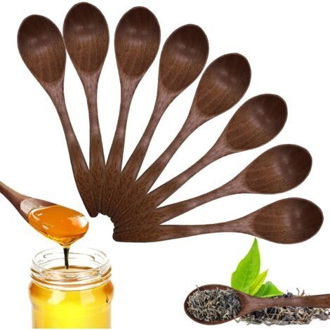 Sollbry Cuillère à Café en Bois 8 Pièces, Petite Cuillere en Bois Naturelles Faites à la Main pour Chocolat Chaud miel café thé Accessoires de Cuisine