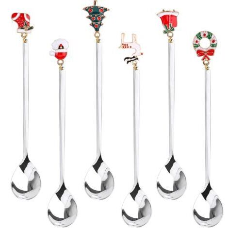 Sollbry Cuillères à Café de Noël,Paquet de 6 Cuillères de Noël Cuillères à thé à Dessert en Acier de Noël en Argent Avec Pendentifs de Noël Cloches de Chapeau D'élan D'arbre de Noël(Silver)