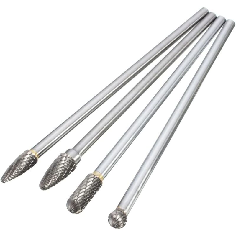Ensemble de 4 Fraises Rotatives Double Coupe en Carbure de Tungstène 6mm Tige Fraise Lime Rotative Bois Tête de Meulage pour Bricolage Gravure