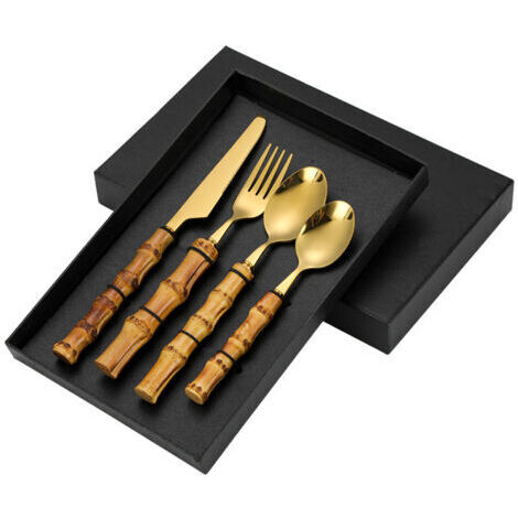 Sollbry Ensemble d'ustensiles de cuisine occidentaux en acier inoxydable, couteau à steak occidental, fourchette et cuillère (ensemble de 4 pièces) (poignée en acier inoxydable/bambou, or (couleur))