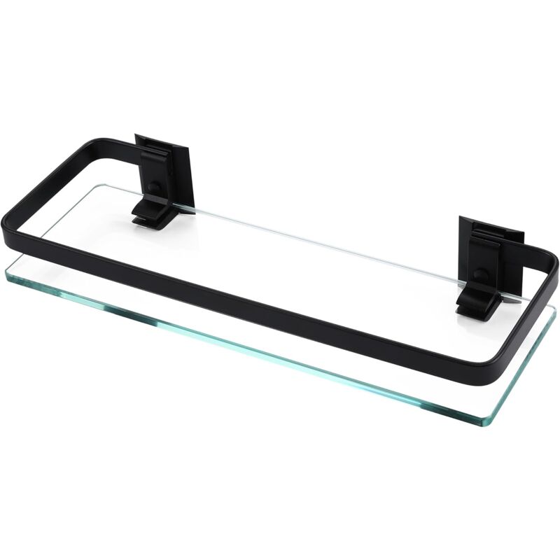 Sollbry - tagère murale de salle de bain en aluminium, verre trempé Extra épais, panier rectangulaire à 1 niveau, montage mural noir, 35x12x4.5cm