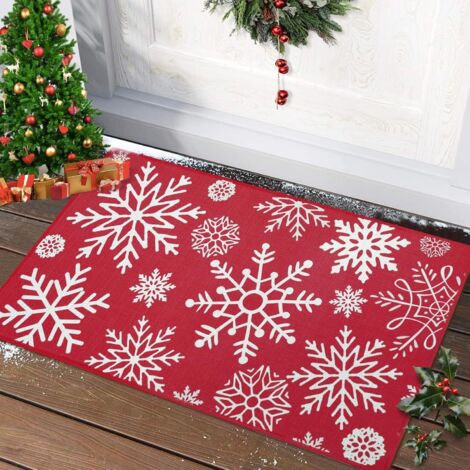 Sollbry Felpudo navideño rojo de 40 x 61 cm, lavable, para entrada, cocina, dormitorio, decorativo, antideslizante, con estampado de copos de nieve, 40 x 60 cm.