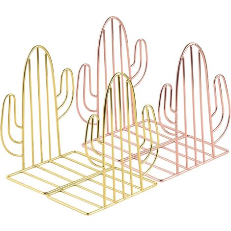 Sollbry Fermalibri in metallo, 2 paia di fermalibri per bambini, fermalibri con design a cactus, per uffici, decorativi, scaffali, scuole e librerie (oro e oro rosa)