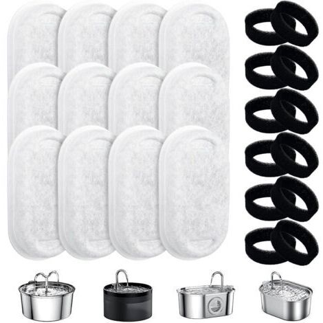 Sollbry Filtre Fontaine Eau Chat, 12 Pcs Filtres + 12 Pcs Éponges de Fontaine à Eau Filtres de Remplacement Rechange, Cheveux Filtrants, Carbone Activée Trois Couches Système de Filtration