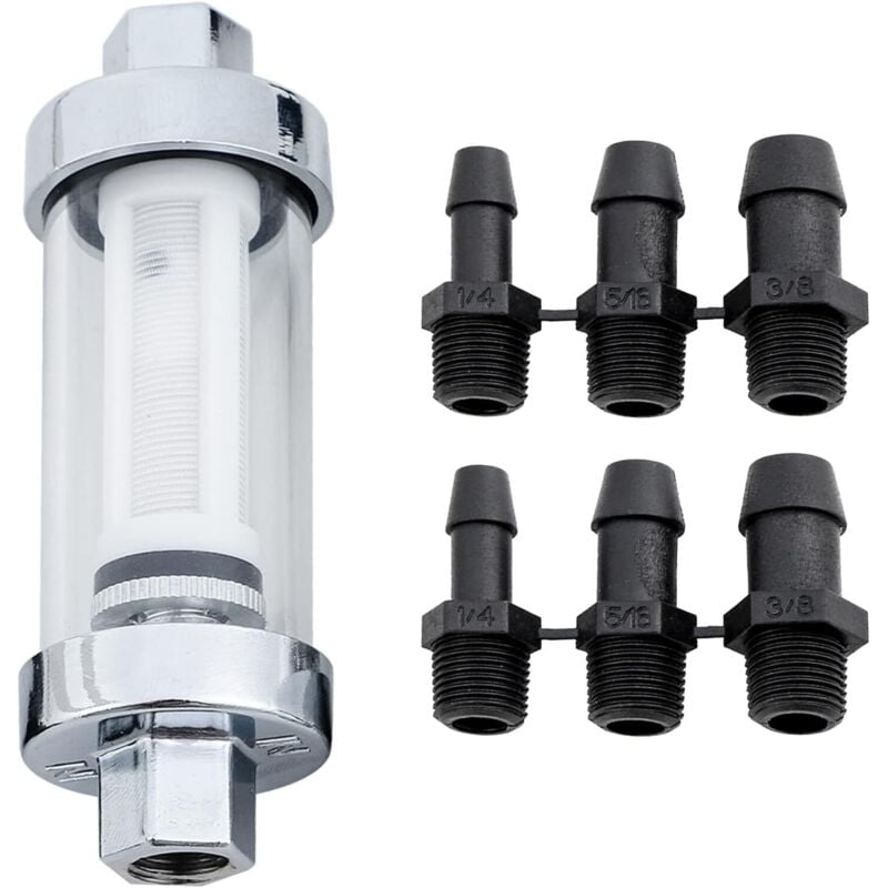 Sollbry - Filtro de combustible universal con interfaz de 1/4', 3/8' y 5/16', repuesto de filtro de combustible de vidrio, carcasa cromada
