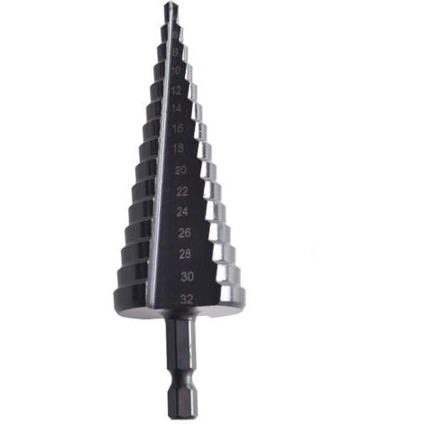Sollbry Foret Étagé, 4-32 mm foret conique Fraise Etage Metal Triangle Conique Titane HSS, Tige Triangulaire, Meche Etage Metal pour Visseuse sur Métal Acier, Bois, Laiton, Aluminium, Plastique