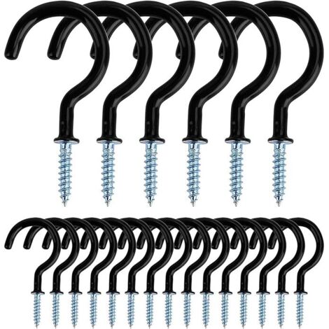 Sollbry Ganchos metálicos atornillables para techo, para uso interior y exterior, para colgar tazas, macetas, luces y cuerdas, 20 unidades (negro)