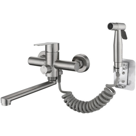 Sollbry Grifo mezclador de pared para fregadero de cocina, con pistola rociadora y dos tipos de chorros de agua, giratorio 360°, de acero inoxidable cepillado.