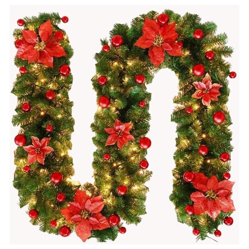 Sollbry Guirlandes de Noël avec lumières, décorations de Noël, guirlande de Noël artificielle pour les vacances 9FT/2.7m (Couleur : Rouge)