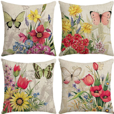 Sollbry Housse de Coussin 45 x 45 cm Fleurs, Oiseaux, Animaux et Plantes Motif Taie d'oreiller Imperméable pour Canapé Maison Salon Chambre Décoration 4 pièces (Insectes et Plantes)