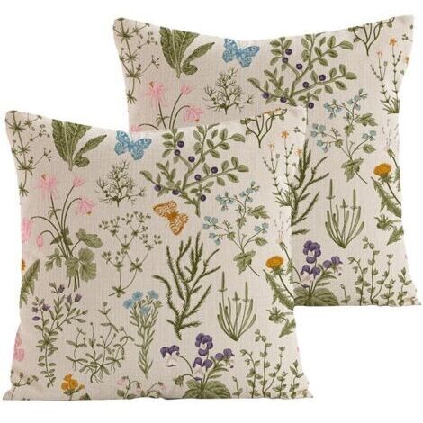 Sollbry Housse de Coussin 45x45 CM Lot de 2 Housses Coussins Décoratifs Motif Plante à Fleurs Sauvages Vert Sauge pour Maison Salon Chambre Lit Extérieur Housse Oreiller