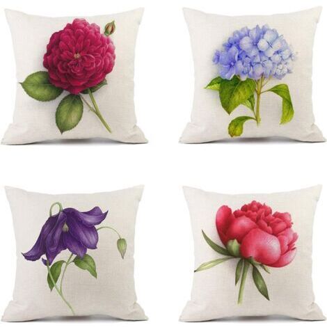 Sollbry Housse de Coussin 45x45cm Lot de 4 Taies d'oreiller Lin Housse Coussins de Canapé Double Face Carré Pillow Covers pour Chambre,Chaise,Lit,Jardin Décoration Taie D'oreiller (Fleur mauve)(18x18i