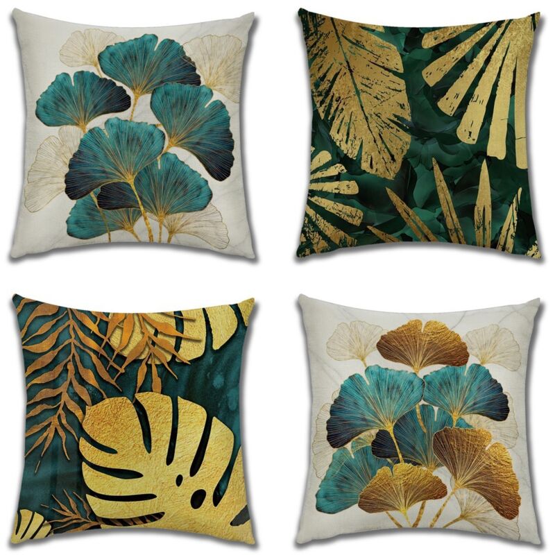 Housse de Coussin Plantes Motif Taie d'oreiller Imperméable Lot de 4 Housses Coussin 40x40 cm Carrées en Feuilles Vertes et Dorées Housse Coussins de