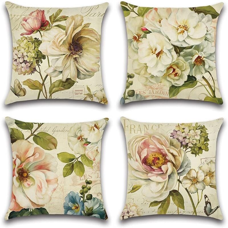 Sollbry - Imperméable Housse de Coussin, Lot de 4 Extérieur Fleurs Vintage Canapé Taie d'oreiller pour Patio Jardin Salon Chambre Décoration, 45x45cm