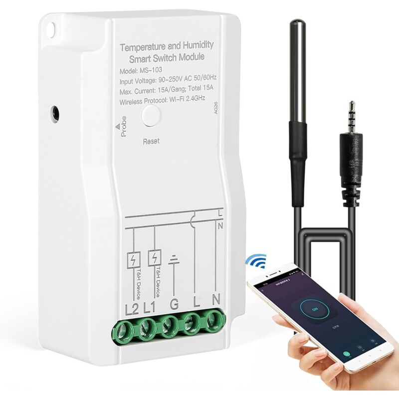 Sollbry - Interrupteur Capteur de Température WiFi Thermostat Interrupteur 15A 2,4 GHz Capteur Température Connecté, contrôleur de Sortie Double,