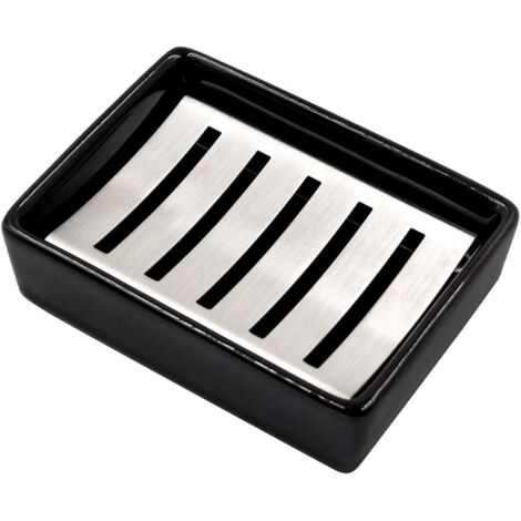 Sollbry Jabonera de cerámica de acero inoxidable 304, jabonera de doble capa con autodrenaje, duradera, fácil de limpiar, jabonera para baño (negra)