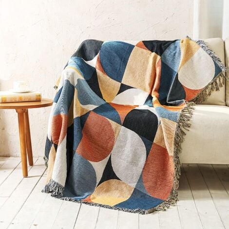 Sollbry Jeté de canapé beige bohème ethnique tissé bohème géométrique multicolore bleu et orange pour canapé, jeté de lit aztèque, housse de canapé surdimensionnée avec pompons (90 x 180 cm)