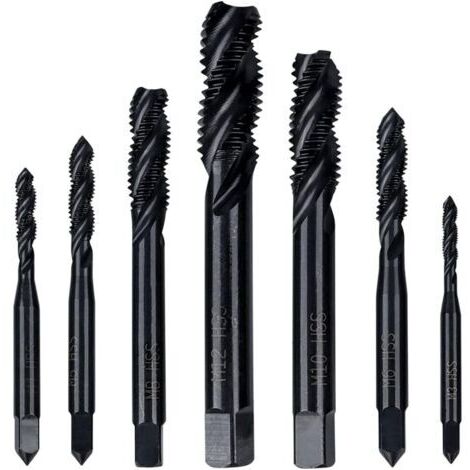 Sollbry Jeu de 7 Tarauds à Filetage Hélicoïdal HSS Tarauds à Vis Cannelés Spirale Métrique Tarauds Assortiment M3 M4 M5 M6 M8 M10 M12 Outil de Taraudage de Filetage en Acier Rapide Revêtement en Nitru
