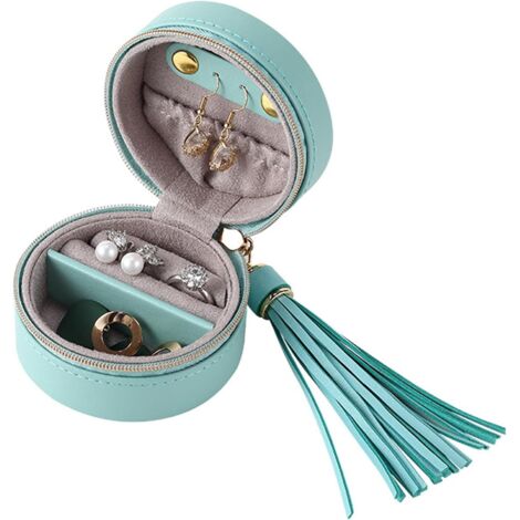 Sollbry Joyero de viaje portátil y redondo de cuero, mini organizador de joyas con cremallera, expositor para pendientes, collares y pulseras.