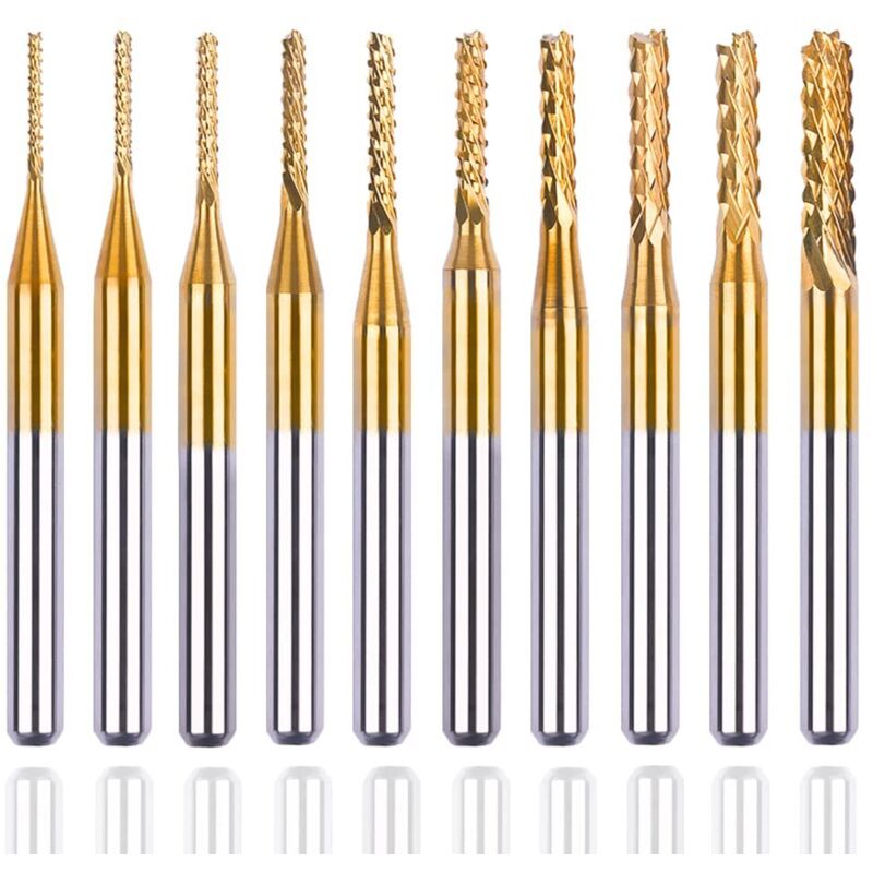 Sollbry - Juego de 10 brocas de grabado para fresas de extremo, fresas rotativas de vástago de 3 mm, fresa cnc con revestimiento de titanio, carburo