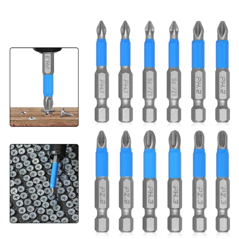 Sollbry - Juego de 12 puntas de destornillador magnético de acero S2, vástago hexagonal de 1/4', 50 mm, PZ1-PZ3, PH1-PH3, para destornillador