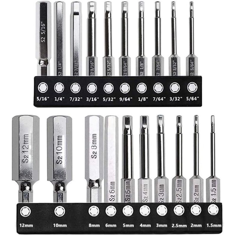 Juego de 20 puntas de destornillador hexagonales magnéticas de 6,35 mm con vástago hexagonal y cabeza hexagonal métrica y sae para destornillador