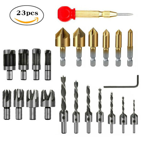 Sollbry Juego de 23 brocas biseladoras para carpintería, juego de brocas avellanadoras para carpintería. Incluye 8 herramientas de corte para tapones de madera, 7 brocas de tres puntas y 6 brocas avel