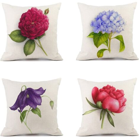Sollbry Juego de 4 fundas de cojín de lino de 45 x 45 cm. Funda de cojín cuadrada de doble cara para sofá, dormitorio, silla, cama y decoración de jardín (flor morada) (45 x 45 cm).