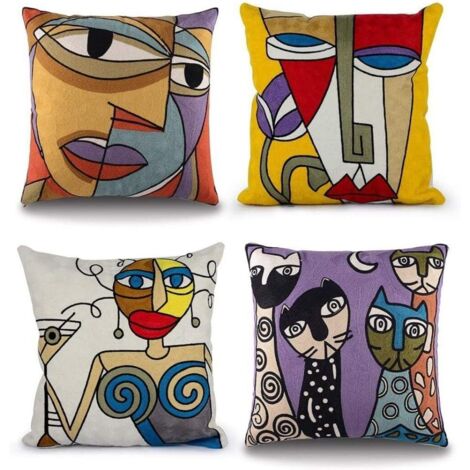Sollbry Juego de 4 fundas de cojín Picasso de 45 x 45 cm con estampado abstracto vintage, decorativas y de felpa para sofá moderno, dormitorio y oficina.