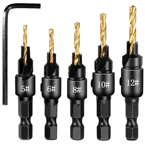 Sollbry Juego de 5 brocas avellanadoras con vástago hexagonal, accesorios para herramientas eléctricas de carpintería de plástico y metal (5/6/8/10/12)