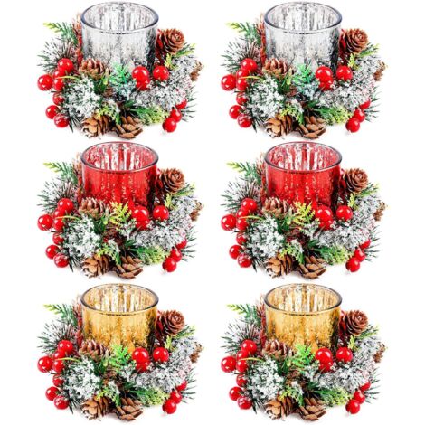 Sollbry Juego de 6 candelabros navideños con coronas, candelabro de cristal, candelabros navideños, coronas para velas navideñas, anillos para velas navideñas con bayas rojas y piñas, para bodas