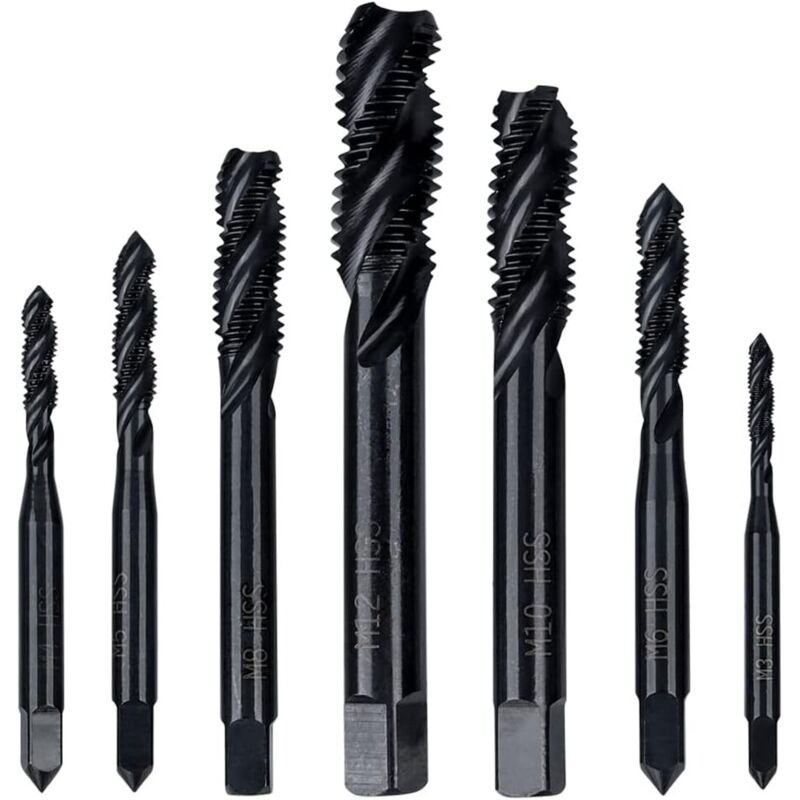 Sollbry - Juego de 7 machos de roscar en espiral hss con estrías, surtido de machos de roscar en espiral métricos M3, M4, M5, M6, M8, M10 y M12,