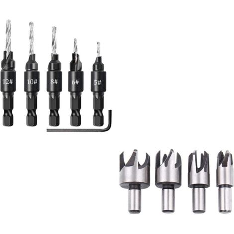Sollbry Juego de brocas para madera: rectas y avellanadas de 5/8", 1/2", 3/8" y 1/4" para corcho, para carpintería (color: plateado)