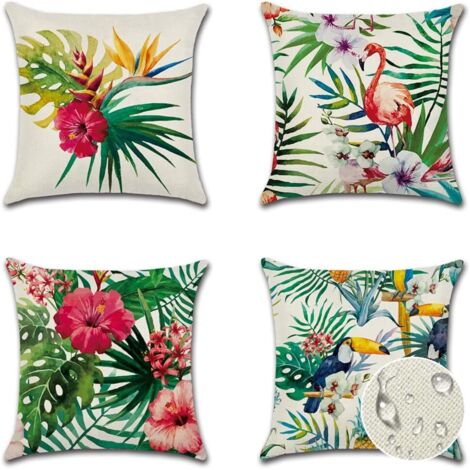 Sollbry Kissenbezug, 45 x 45 cm, Muster mit Blumen, Vögeln, Tieren und Pflanzen, wasserdichter Kissenbezug für Sofa, Zuhause, Wohnzimmer, Schlafzimmer, Dekoration, 4 Stück (Tropische Pflanzen, Blumen 
