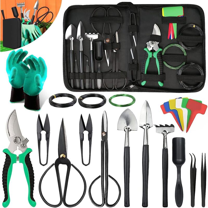 Sollbry - Kit Bonsai 24 Pièces Outils Bonsai avec Ciseaux pour Bonsaï, Fil de Ligature pour les Bonsaïs, Mini Râteau et Pelle, Sécateurs de Jardin
