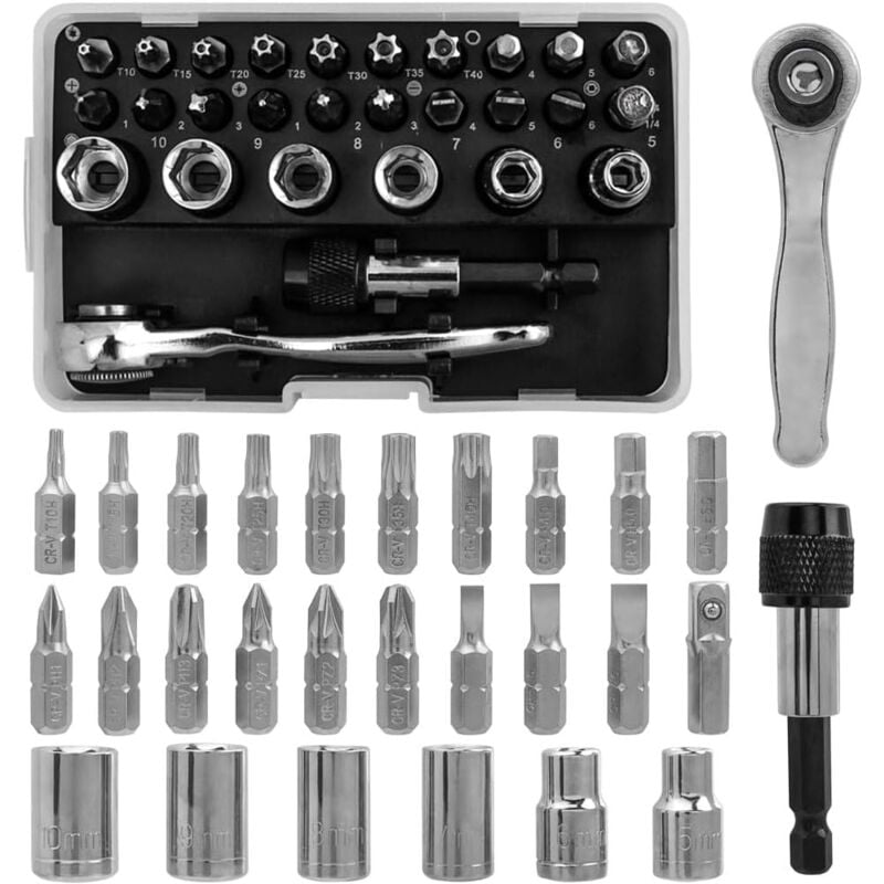 Sollbry - Kit de 28 Mini Clé à Cliquet Douilles Embouts de Tournevis et Porte-Embout, Clé à Cliquet 1/4' Réversible 72 Dents à Dégagement Rapide avec