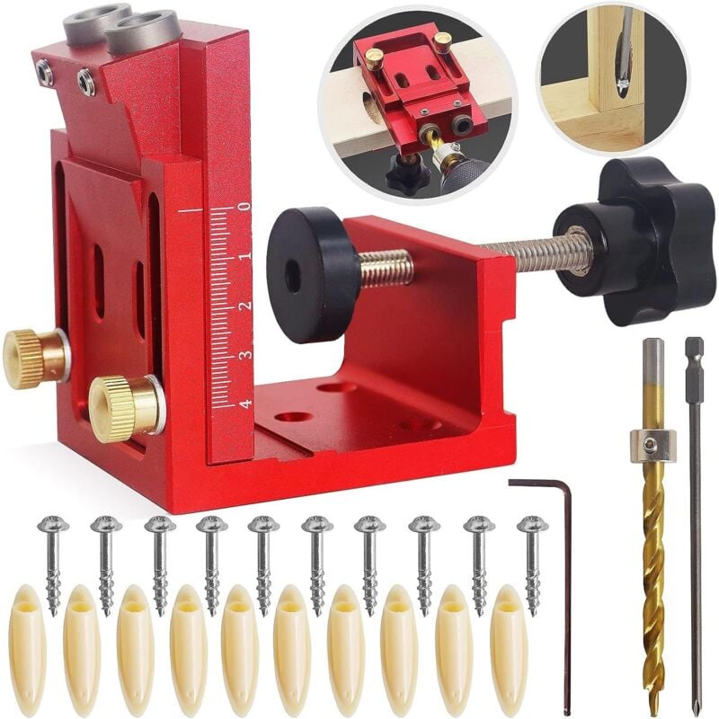 Sollbry - Kit de gabarit de trou de poche, outils de travail du bois réglables, ensemble de gabarit d'angle de 15° pour le bois, comprend des forets,