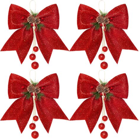 Sollbry Lazos navideños con purpurina, lazos rojos para coronas, lazos con purpurina para árboles de Navidad, lazos decorativos navideños para el hogar, 4 piezas